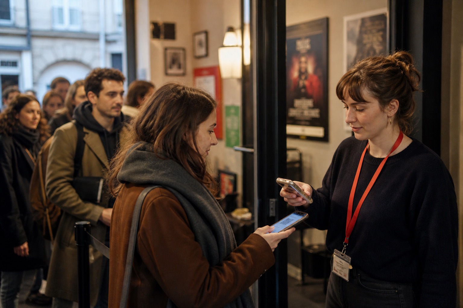 Festivalmitarbeitende scannen ein mobiles Ticket, während Gäste am Kinoeingang warten.